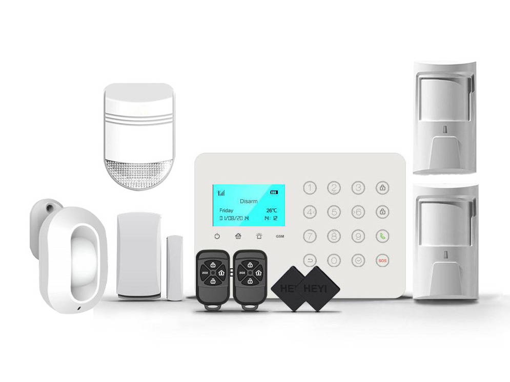 Kit sistem de alarma Wireless GSM, 2 zone, 1x detector miscare perdea, 1x senzor de miscare, 1x sirena exterior, Heyi KIT-HEYI-H7-DSS