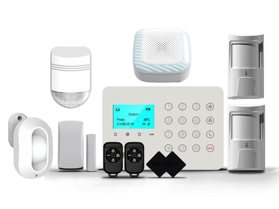 Kit sistem de alarma Wireless GSM, 2 zone, 1x detector miscare perdea, 1x senzor de miscare, 1x sirena exterior, 1x sirena interior, Heyi KIT-HEYI-H7-DSSS