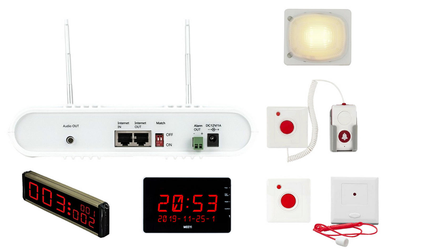 Kit apelare medicala cu repetor semnal, receptor fix, afisaj digital, lampa, buton de apel, statie de apelare, KIT-MED+ACC