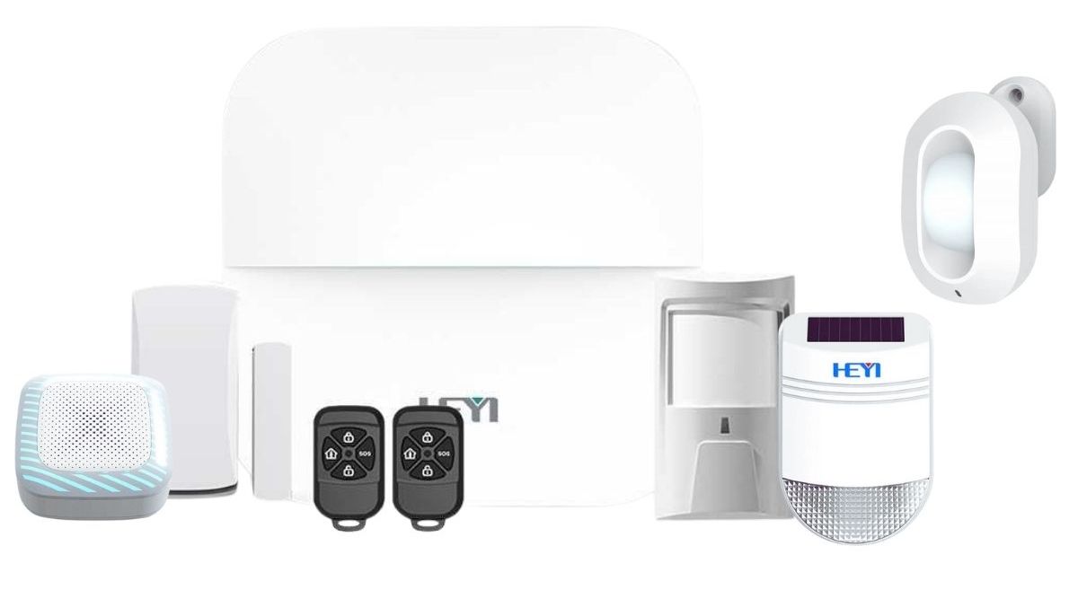 Kit sistem alarma wireless antiefractie Heyi, GSM, 2 zone, 2 detectori miscare, 10 senzori miscare, sirena exterior si exterior, KIT-HEYI-W20X10