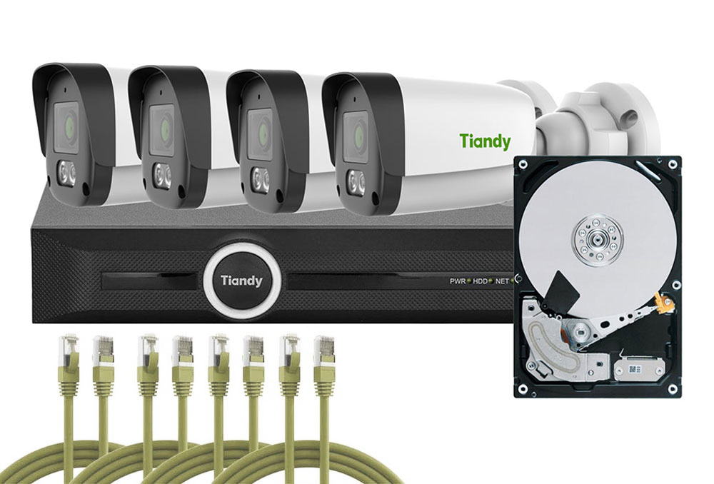 Kit supraveghere complet exterior Tri-Light Tiandy PoE, 4MP, Audio, Iluminare duala, IP67, Kit-Tia4MPEDUALPOEF