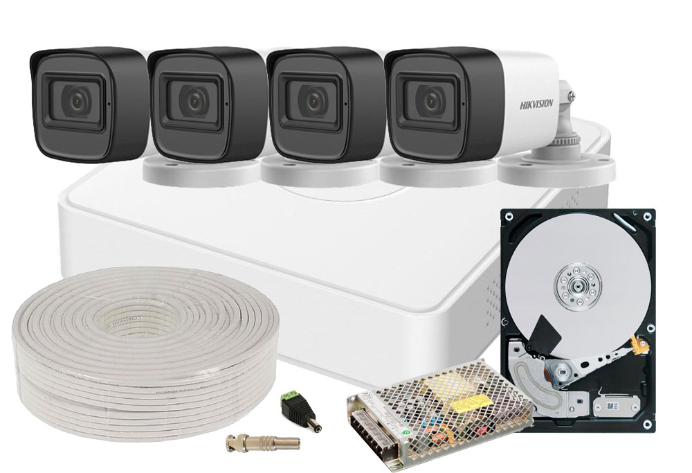 Kit supraveghere 2MP FULL HD, 4 camere cu microfon, lentila 2.8mm, IR 30 M, Hikvision KIT4FHDEXT20A-HIK