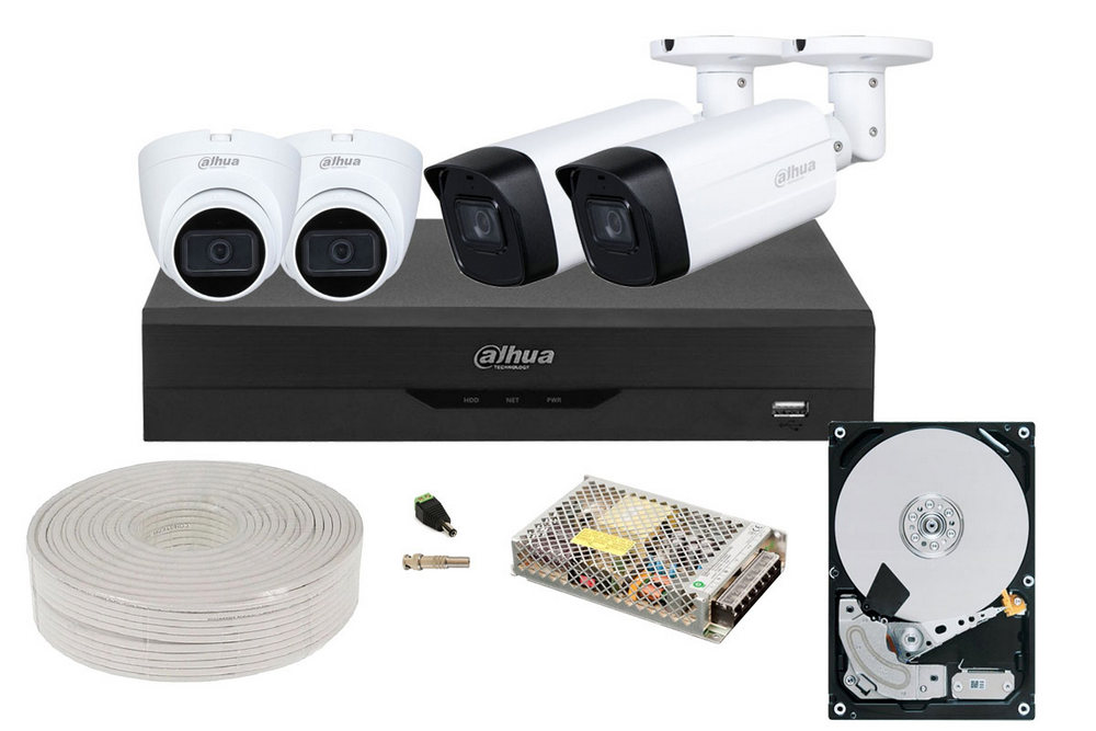 Kit supraveghere mixt complet, 2 camere bullet FULL HD IR 80m, 2 camere dome FULL HD, IR 25m, KIT4FHDMIXT-P