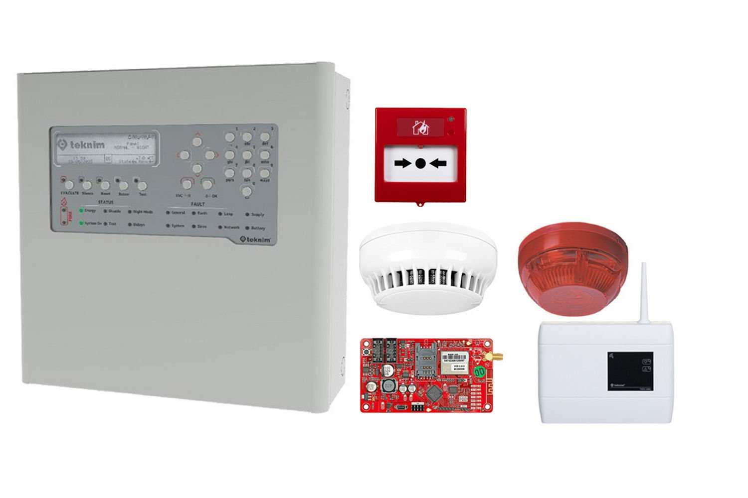Kit centrala detectie incendiu adresabila, cu modul de comunicare, repetor, buton, sirena, detector, Teknim KIT-TFP2211-TXM5474-ACC
