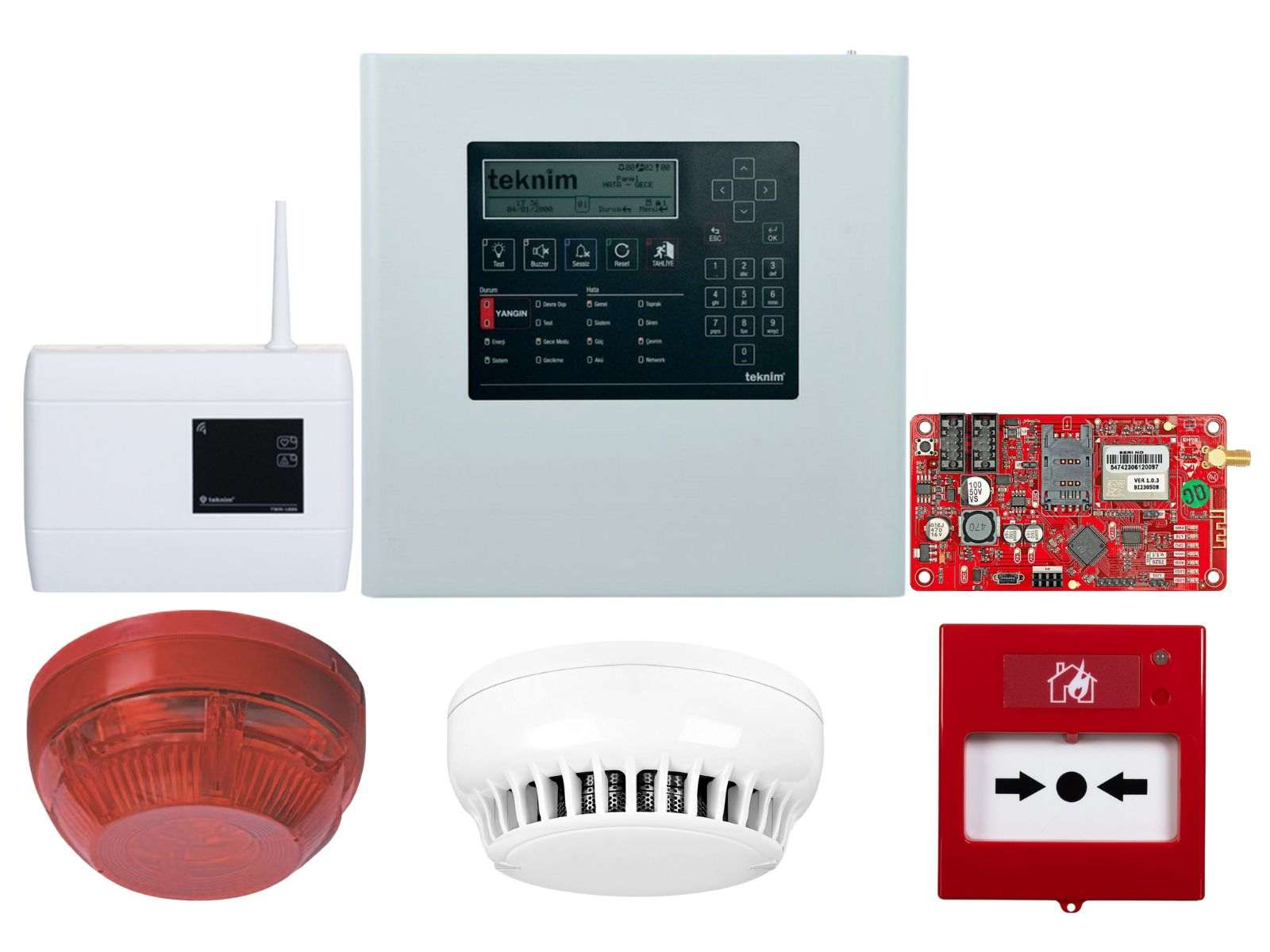 Kit centrala detectie incendiu adresabila cu modul de comunicare, detector fum, repetor, buton si sirena wireless, Teknim KIT-TFP2212-TXM5474-ACC