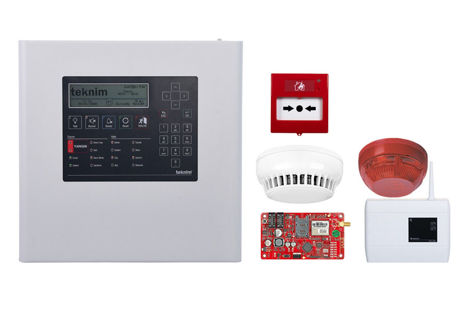 Kit centrala detectie incendiu adresabila, 4 bucle, 74 zone, cu modul comunicare, detector, repetor, buton, sirena, Teknim KIT-TFP2214-TXM5474-ACC