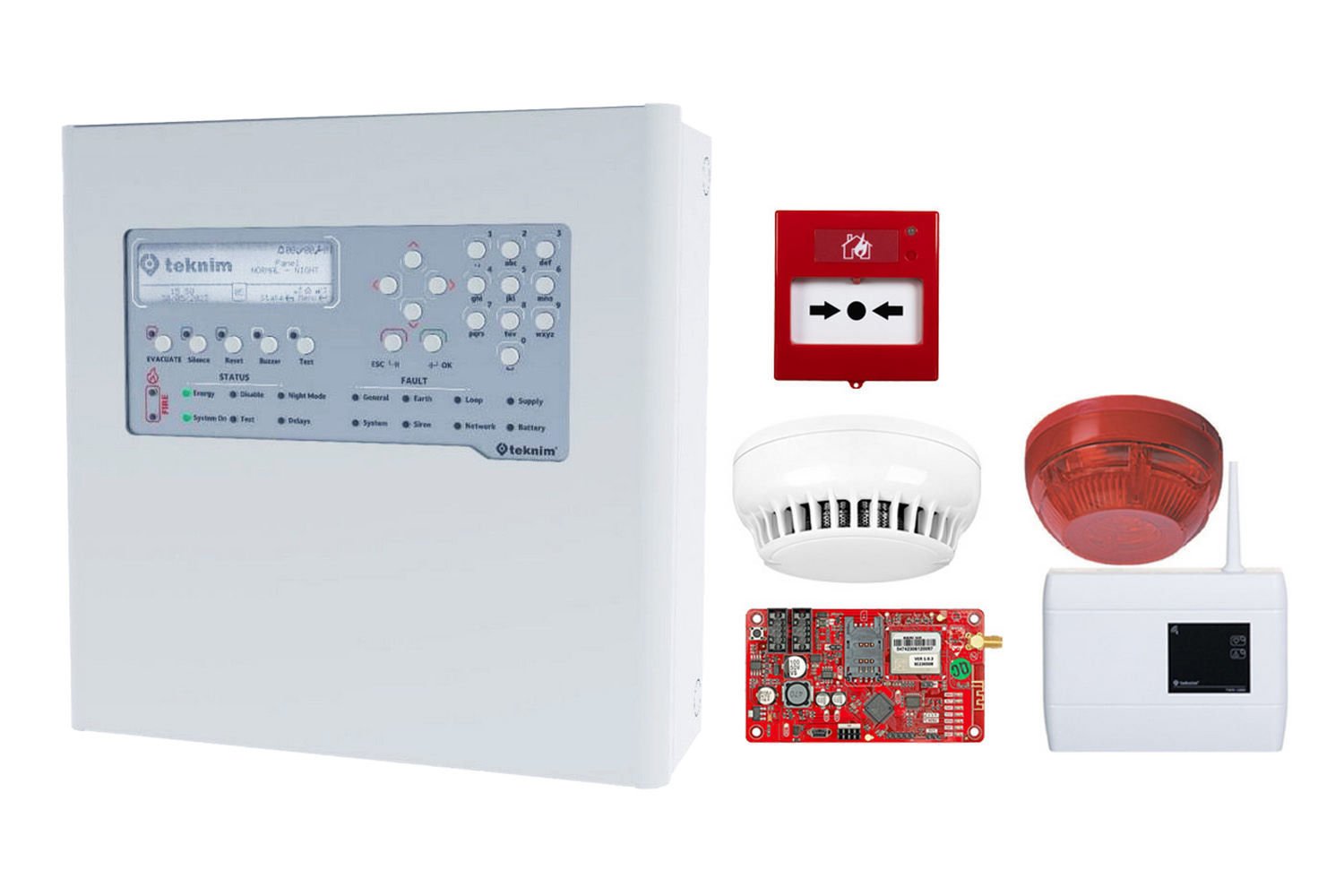Kit centrala detectie incendiu adresabila, 4 bucle, 72 zone, cu modul comunicare, detector, repetor, buton, sirena, Teknim KIT-TFP2214-TXM5474-ACC