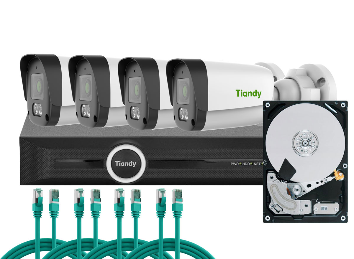 Kit supraveghere complet exterior Tri-Light Tiandy PoE, 4MP, Audio, Iluminare duala, IP67, Kit-Tia4MPEDUALPOEF