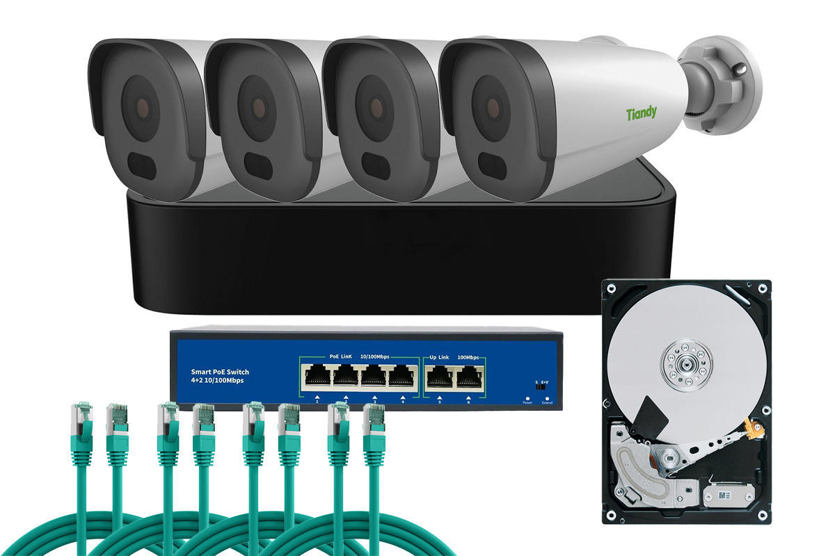 Kit de supraveghere complet exterior Tiandy, 2MP, IR 50, Microfon, POE, IP67, NVR 5 canale, KIT-TN2MPEXTFULL