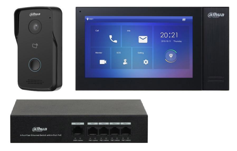 Kit videinterfon TCP/IP cu control acces, Dahua KTP02, camera WDR, audio bidirectional, IP 65, ecran 7 inch, slot micro SD, PoE, switch 5 porturi