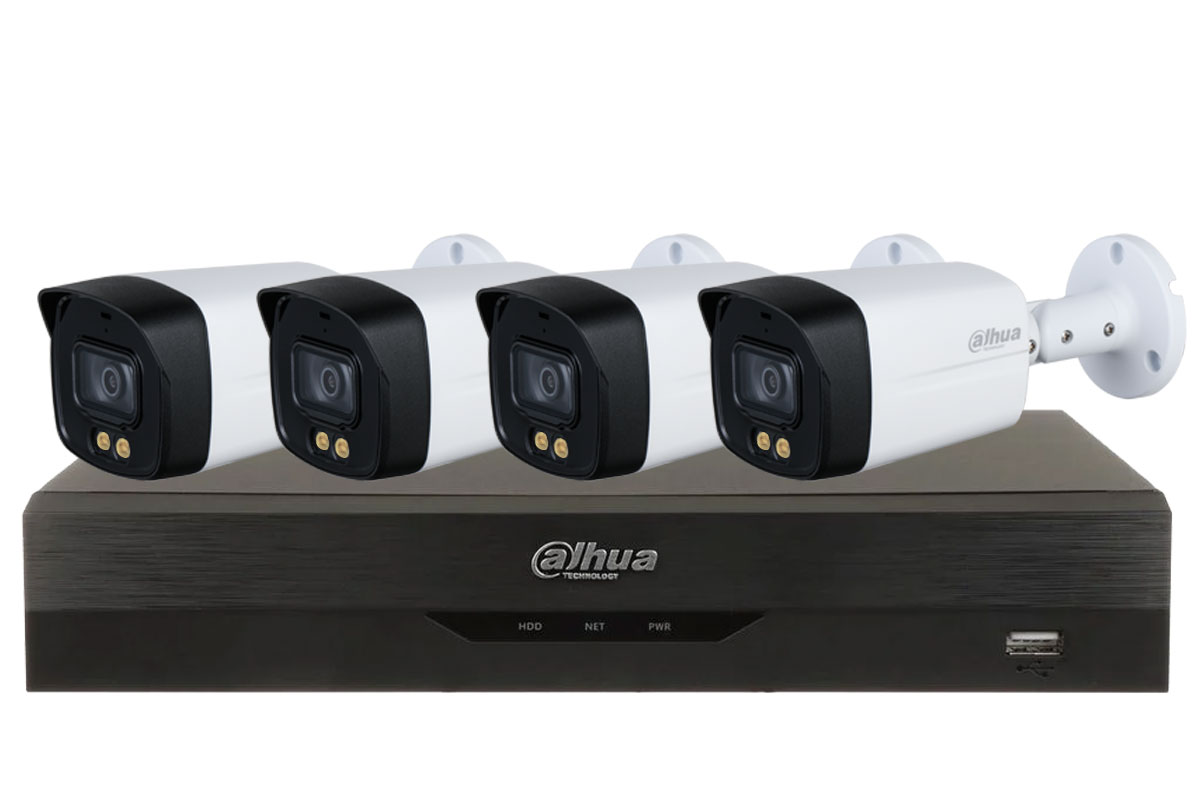 Sistem de supraveghere Dahua cu 4 camere de exterior Full HD, 3.6 mm, Full Color cu LED alb 40m, DVR 4 canale WizSense, KIT4E22-DAH