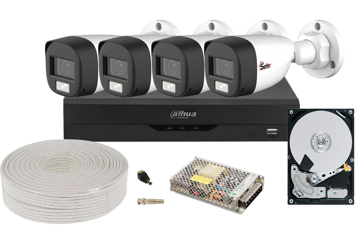 Kit complet de supraveghere exterior, 4 camere Full HD, Iluminare duala 20m, lentila 2.8mm, Dahua KIT4EXT20IRDAH