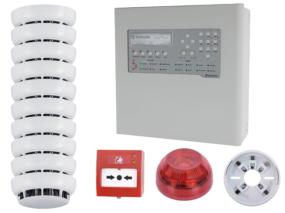 Kit de baza pentru detectie incendiu Teknim, adresabil, Centrala, 10 senzori, buton, sirena, soclu, KITADRTEK10