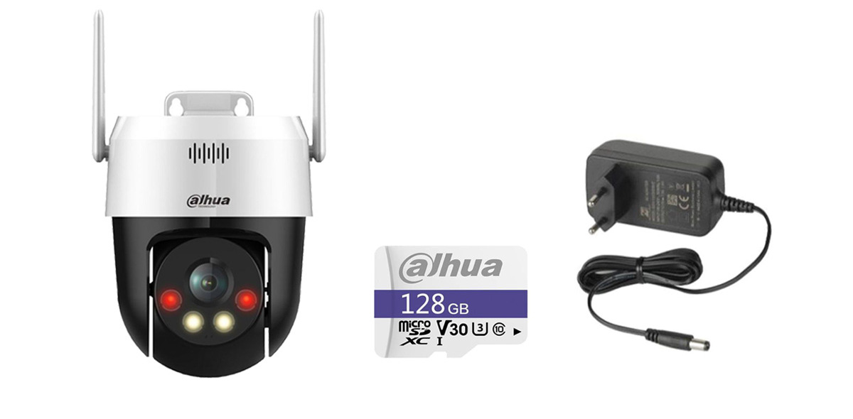 Pachet camera supraveghere IP Wi-Fi PT Dahua, 5MP, Iluminare duala, cu microSD 128GB si alimentator 12V, WIFIPT-SD128-PFM320