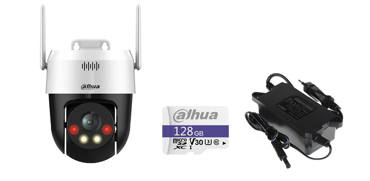 Pachet camera supraveghere IP Wi-Fi PT Dahua, 5MP, Iluminare duala, cu microSD 128GB si alimentator 12V, WIFIPT-SD128-PFM320