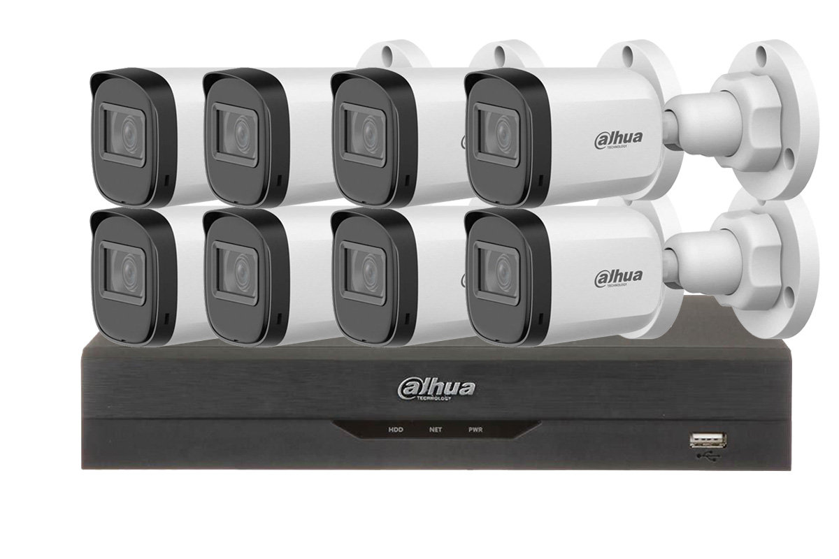Kit camere supraveghere exterior profesionale, DVR cu 8 camere tip bullet, 2MP, smart IR 30m, Dahua KIT8EXT30IRDAH