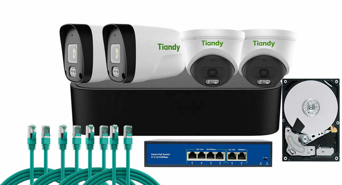 Kit de supraveghere complet Tiandy, 2MP, IR 30m, Microfon, PoE, NVR 5 canale, KIT-TN-2MPMIXFULL