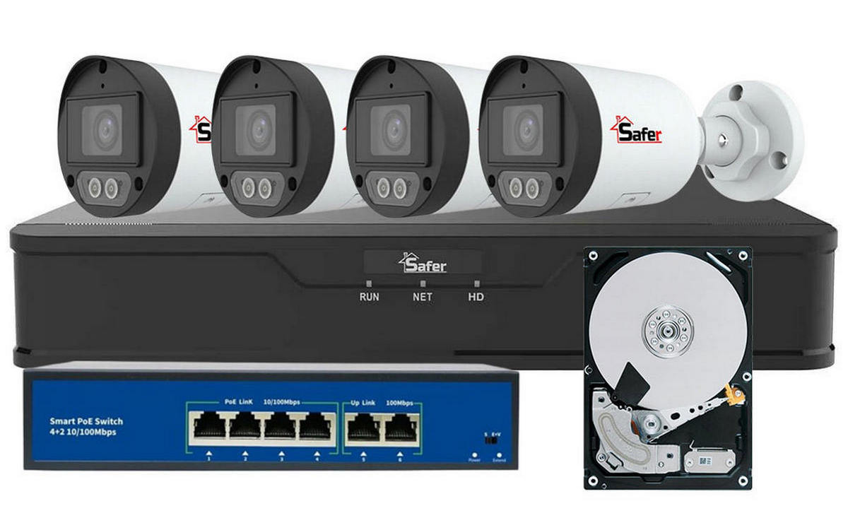Kit de supraveghere IP, 4 camere exterior 2MP, 2.8mm,  LED alb 30 metri si NVR 4 canale, HDD, KITIP-4X-2MP2830POEHDD