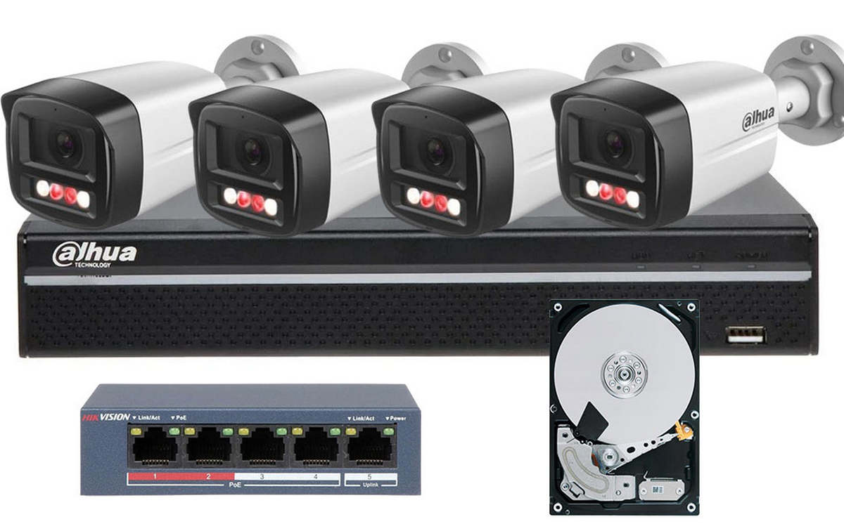 Kit de supraveghere IP 4 camere exterior 4MP, Iluminare Duala IR si LED alb 30 metri si NVR 4 canale, KITPOE2MPEXT