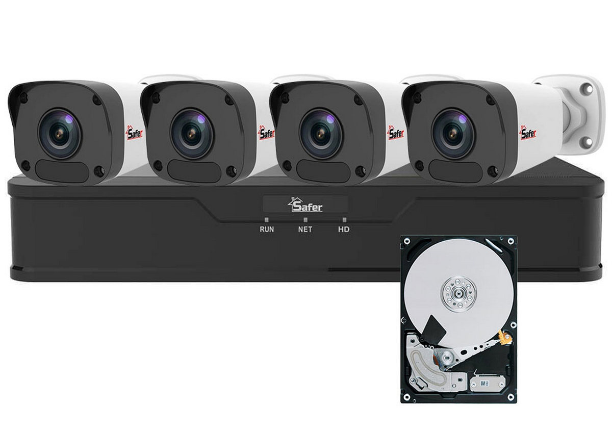 Kit de supraveghere IP PoE, 4 camere de exterior 4MP 2K, lentila 2.8mm, IR 30m, NVR 8 canale, Safer KITSAF4MPEXT