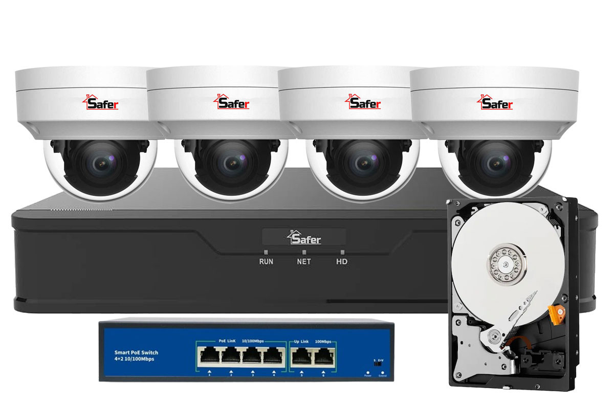 Kit de supraveghere IP SAFER, 4 camere dome 2K 4MP, IR 30M, PoE, NVR 4 canale 8MP, HDD 1TB, SAF-4X2MPINT-POE-ST