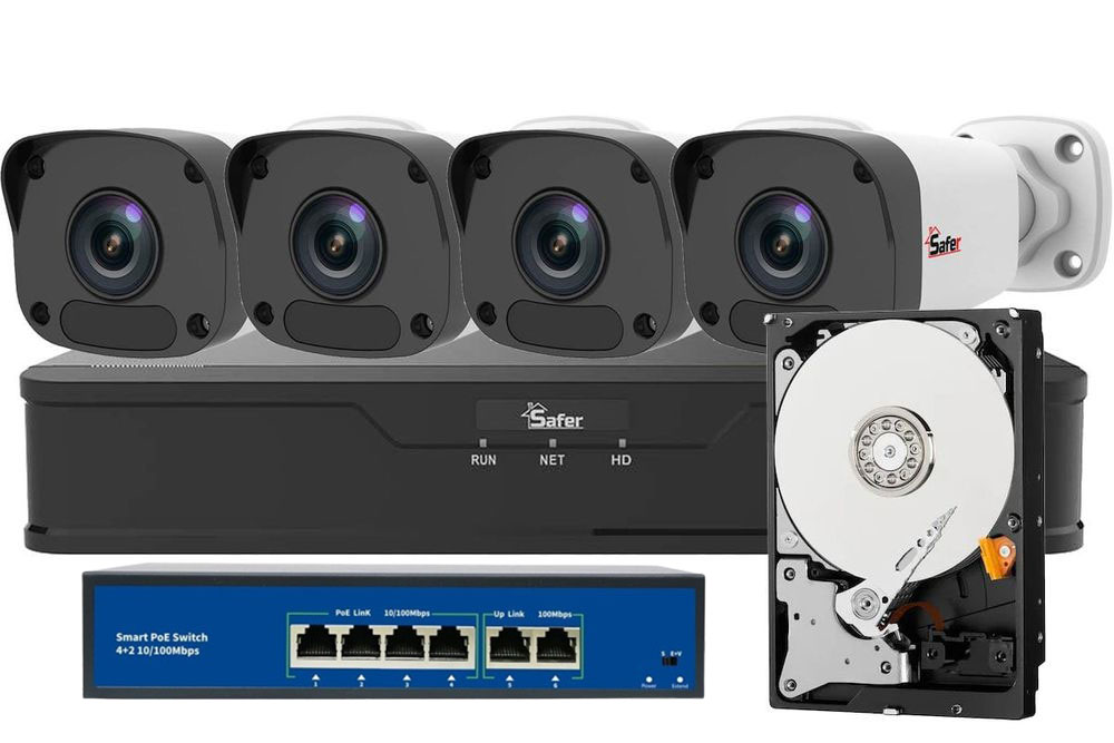 Kit de supraveghere Safer, 4 camere, 4MP 2K, PoE, NVR 4 canale, HDD 1TB, SAF-4X2MPLED-POE-1TB