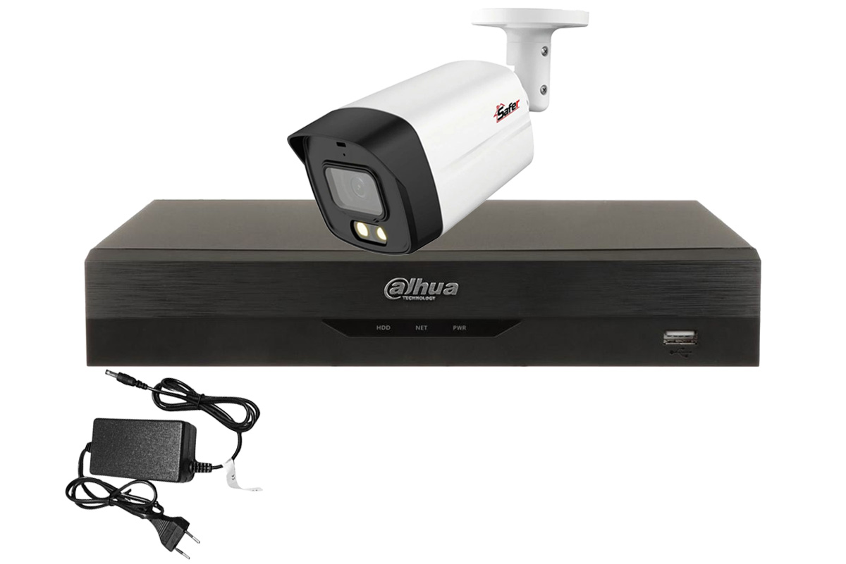 Kit de supraveghere video de exterior, 1 camera 5 MP, LED alb 40 m, DVR 4 canale, Dahua, KITSAF-1X-5MP28I40
