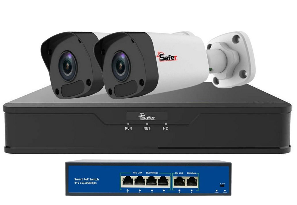 Kit de supraveghere video IP de exterior, 2 camere 4 MP, IR 30 m, NVR 4 canale, PoE, Safer KITIP-2X-4MP420