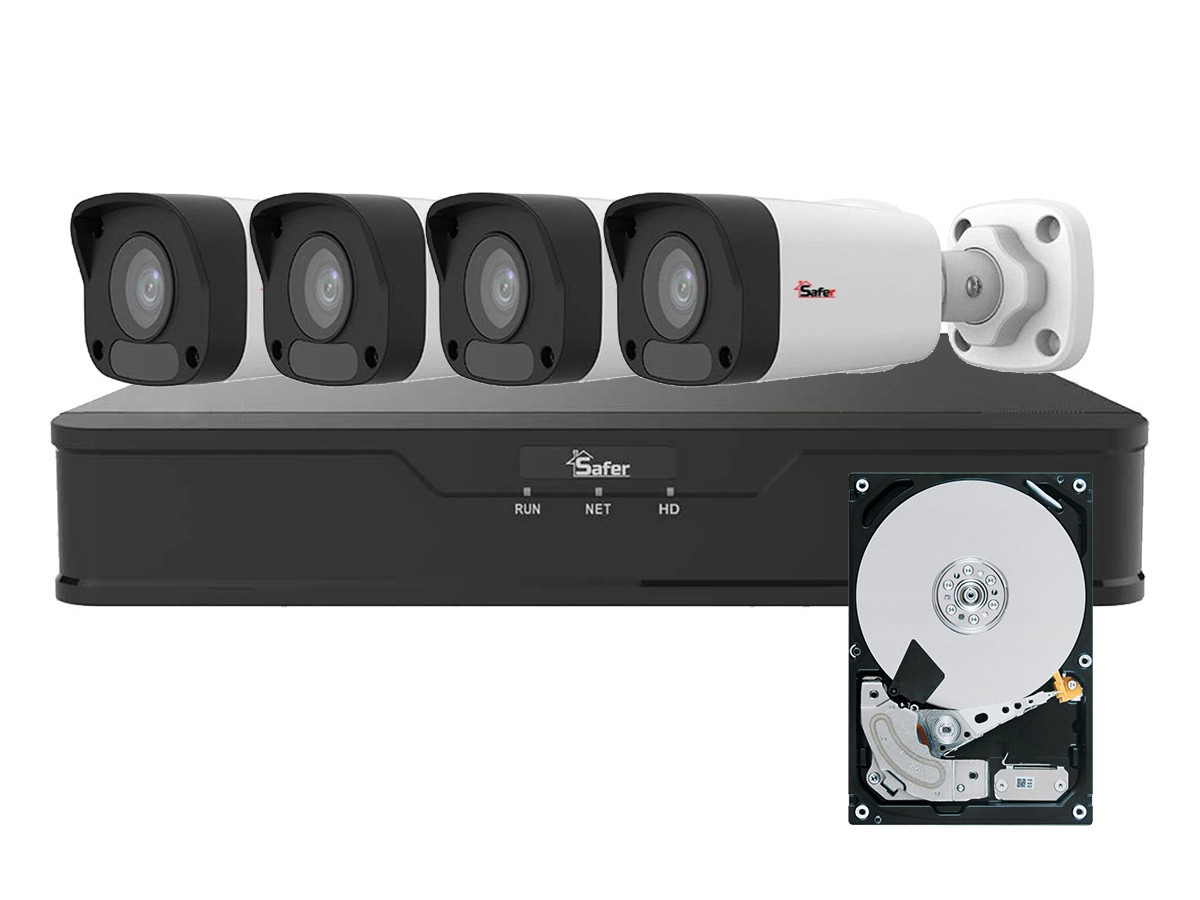 Kit de supraveghere video IP de exterior, 4 camere 2 MP, IR 30 m, NVR 4 canale, PoE, HDD (hard disk inclus), Safer, KITIP-4X-2MP2830HDDPOE