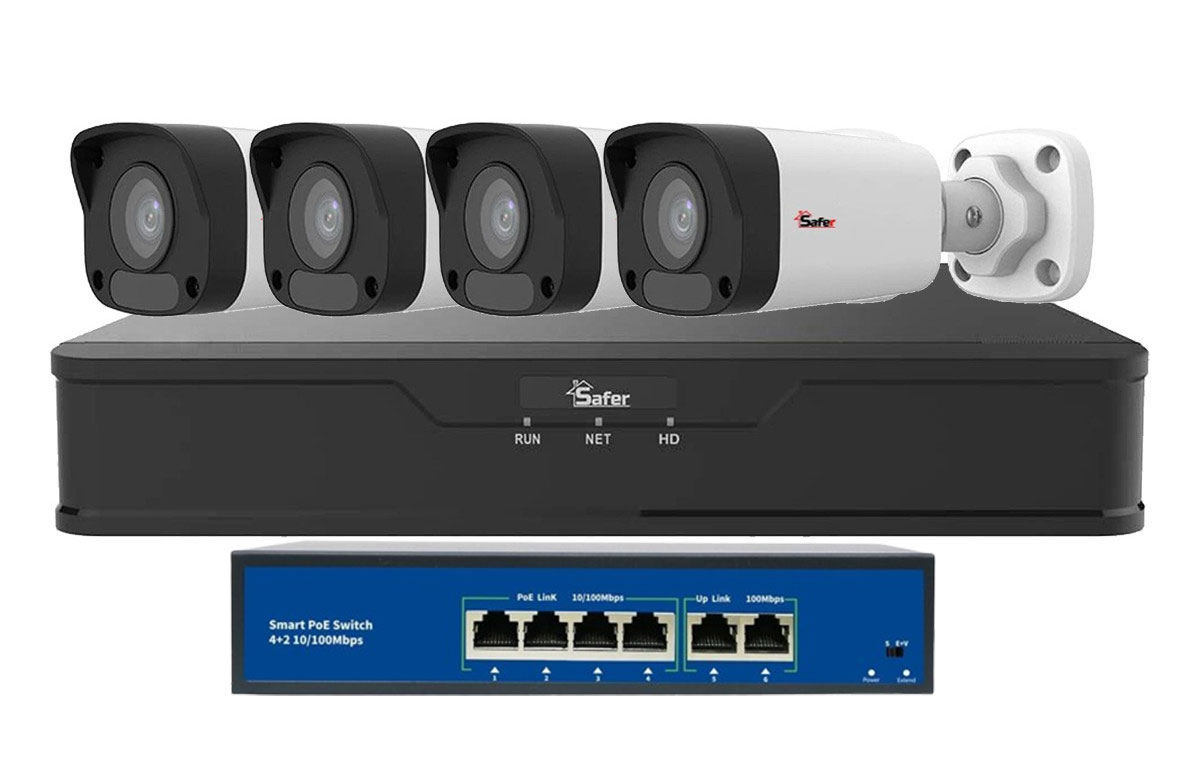 Kit de supraveghere video IP de exterior, 4 camere 2 MP, IR 30 m, NVR 4 canale, Safer, KITIP-4X-2MP2830