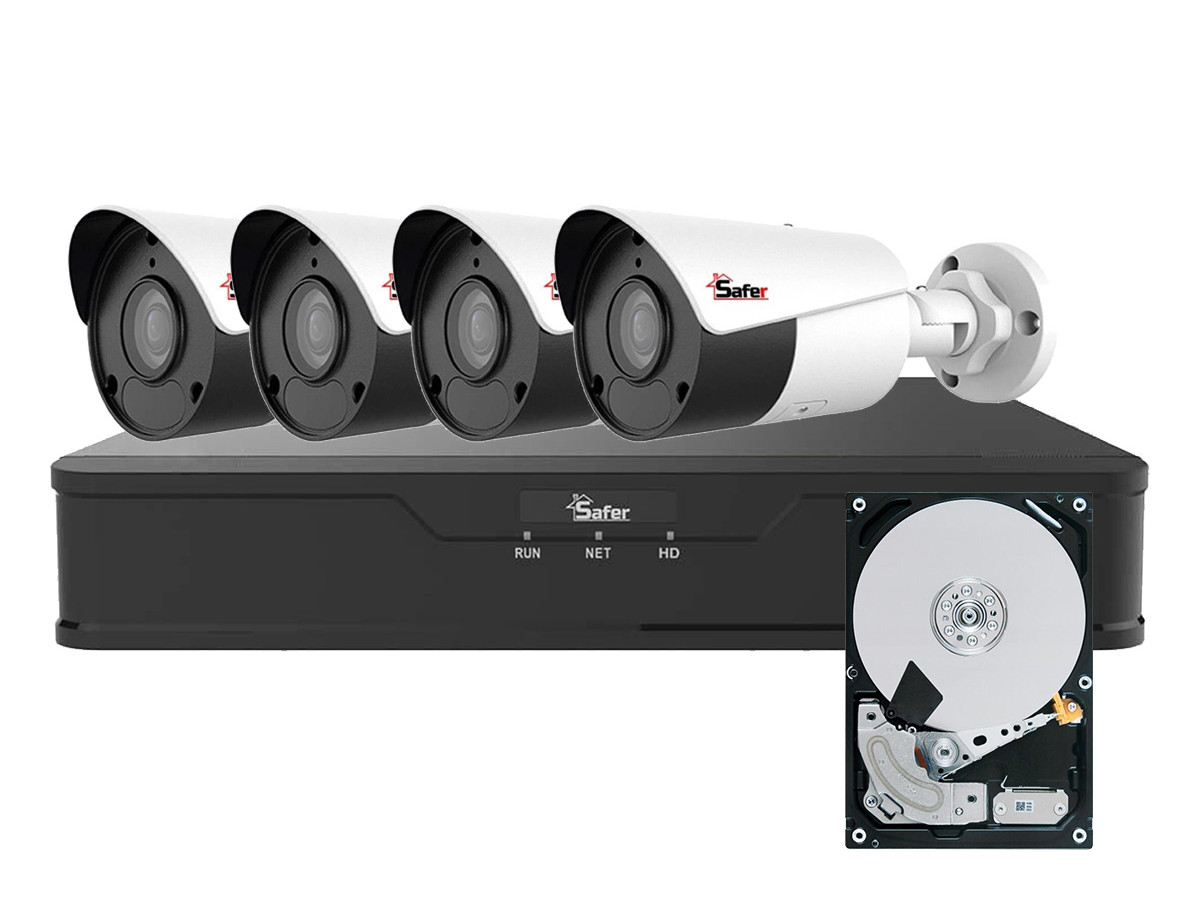 Kit de supraveghere video IP de exterior, 4 camere 4 MP, IR 50 m, NVR 4x PoE, HDD (hard disk inclus), Safer, KITIP-4X-4MP420HDD