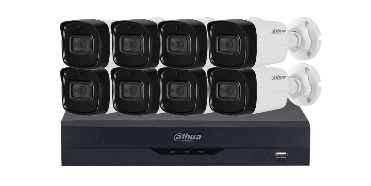 Kit de supraveghere 8 camere exterior 5MP, IR 80 metri, Microfon si DVR 8 canale, Dahua KIT8C2MPEXT-I3