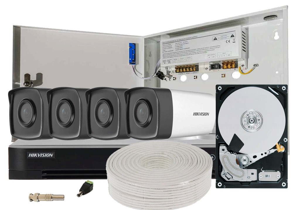 Kit complet 4 camere de exterior, Full HD, 3.6mm, IR 80m, DVR 4 canale, Hikvision KIT4HIKFHD80-S