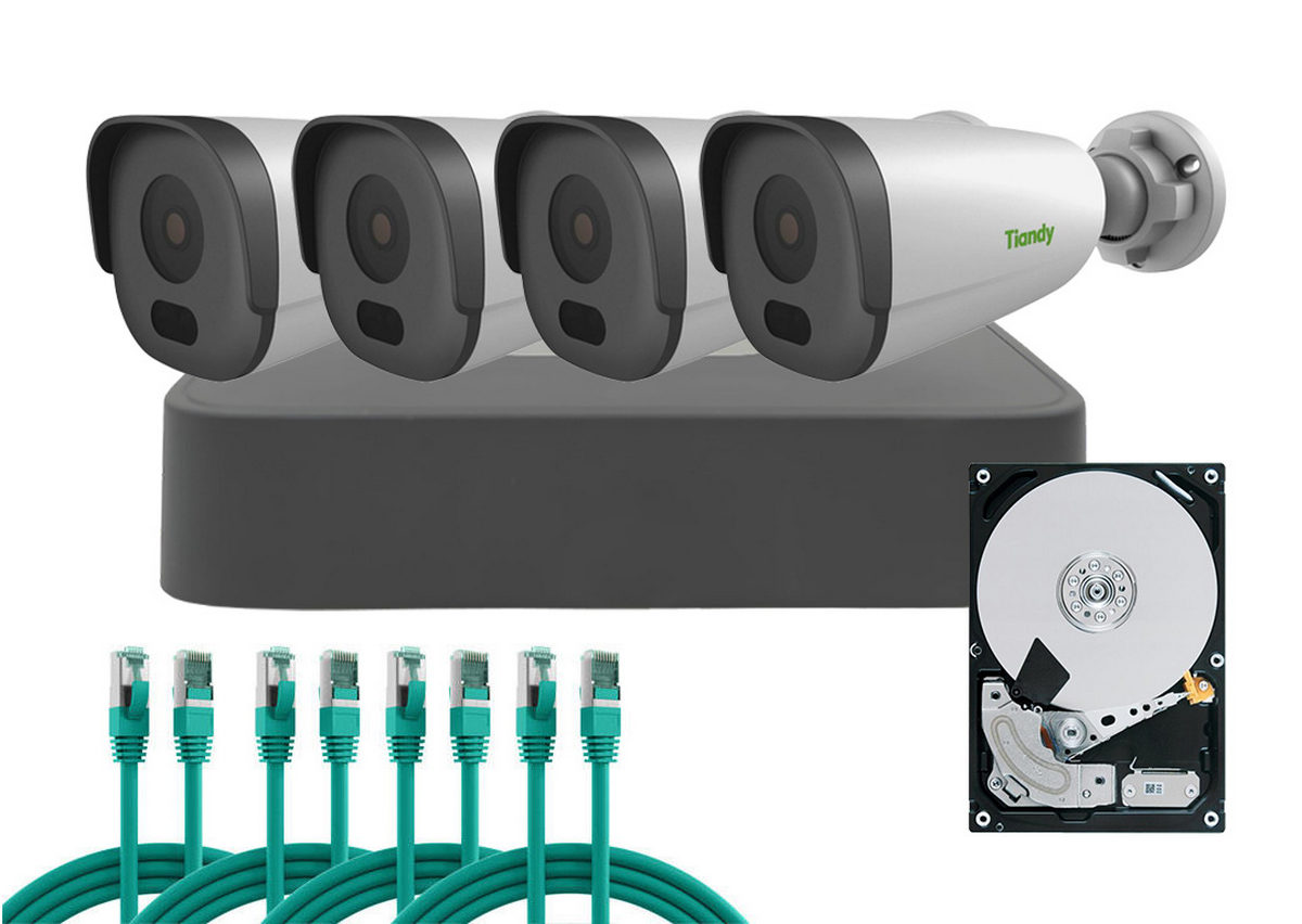 Kit supraveghere complet, 4 camere IP Full HD Tiandy Starlight, PoE, IR 50m, Functii AI, KIT-TN2MPESTARPOEF