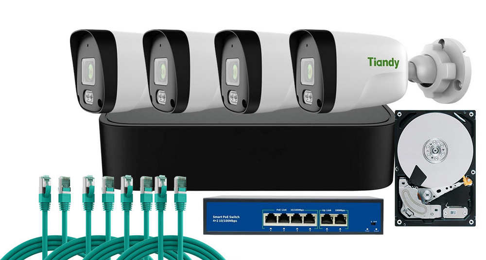Kit de supraveghere complet exterior Tiandy, 2MP, IR 30, Microfon, POE, IP67, NVR 5 canale, KIT-TN2MPEXTFULL