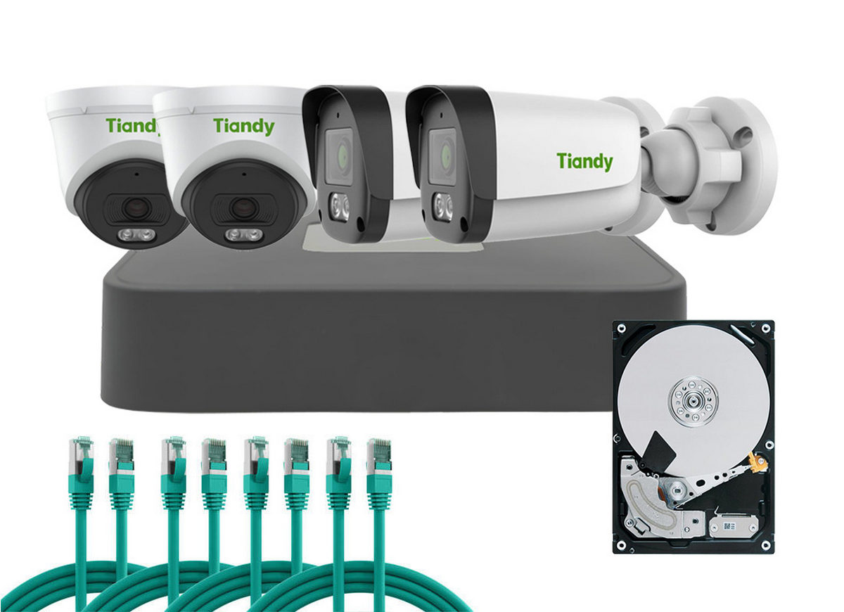 Kit supraveghere complet Tiandy, 4 camere de 4MP 2K, IR 30, Microfon, KIT-TN4MPMIXPOEFULL