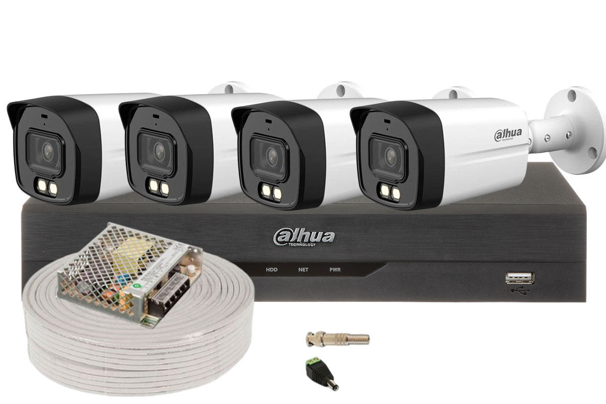 Kit supraveghere exterior Dahua, 4 camere 5MP, Iluminare Duala 40m, IP67, DVR 4 canale, accesorii, KIT5MPEXT40-DAH-I2-TW