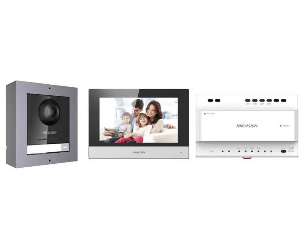 Kit Videointerfon IP Hikvision, 2 Fire, Pentru 1 familie, Vizualizare si raspuns de pe mobil, Hikvision, DS-KIS702