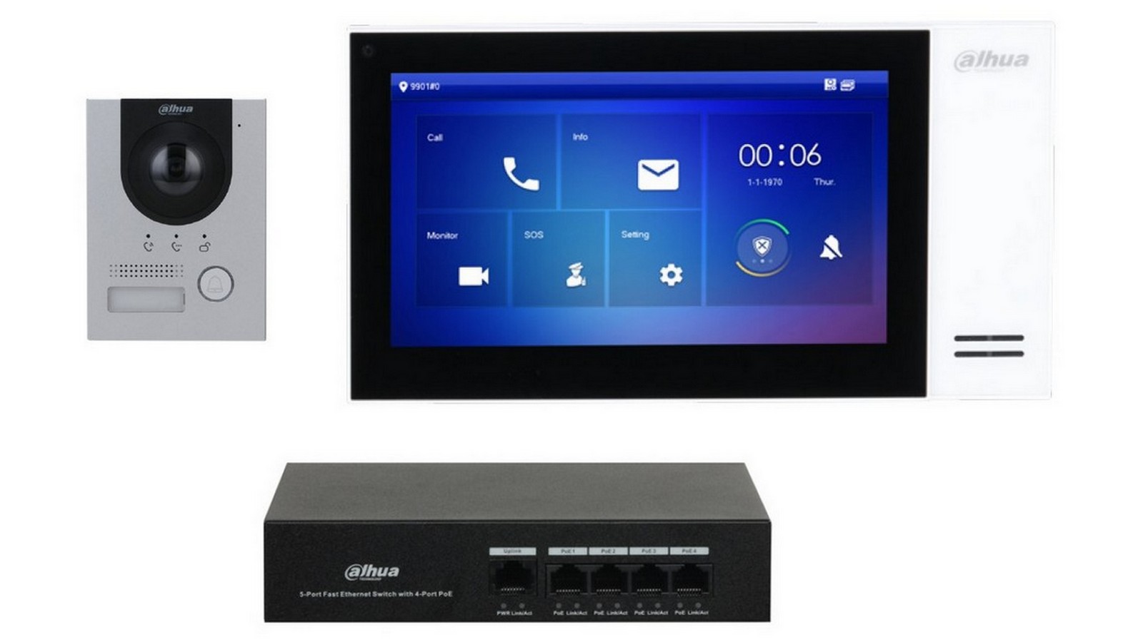 Kit videointerfon IP si switch PoE, 2 MP, 7 inch, IR, PoE, montaj aparent, MicroSD, Dahua, KTP01-S2(S)