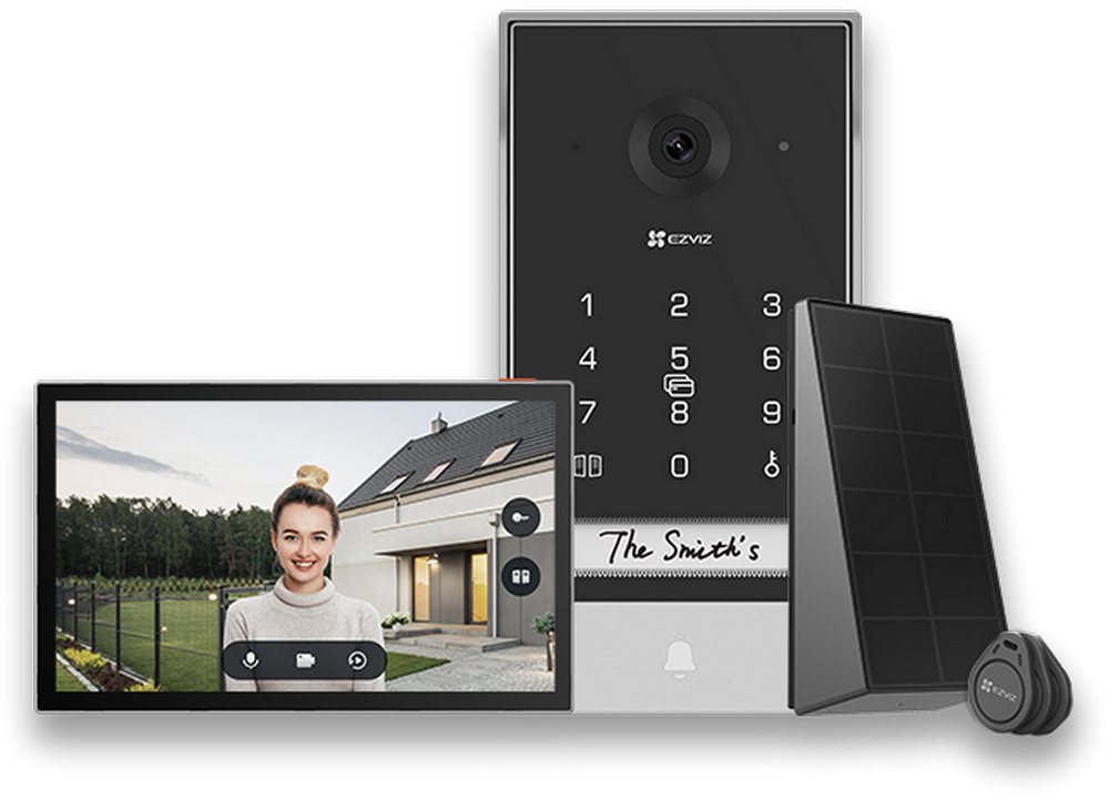Kit videointerfon Wi-Fi cu panou solar EZVIZ CS-EP7(3mp) EP7, 2K, monitor cu touch 7”, RFID, Aplicatie, Audio, microSD, IP65