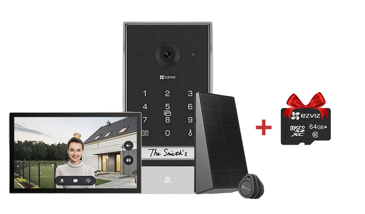 Kit videointerfon Wi-Fi cu panou solar EZVIZ CS-EP7(3mp) + card microSD 64GB, 2K, RFID, IP65, CS-EP7(3mp)+SD64GB