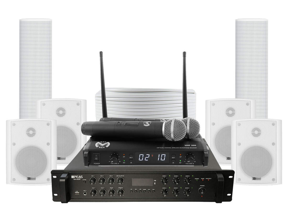 Kit sonorizare biserica cu amplificator 250W, 4 boxe perete 30W, 2 difuzoare coloana 30W si microfoane wireless UHF, KITBIS6040W