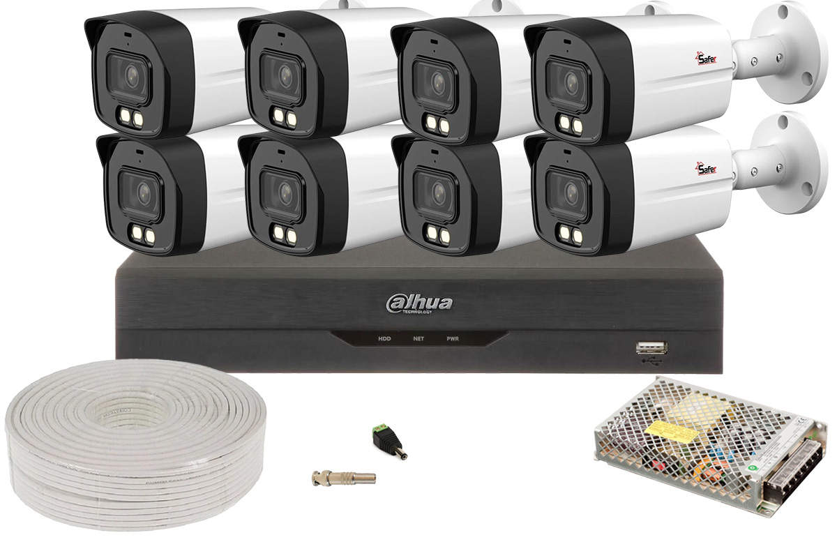 Kit de supraveghere video 8 camere exterior 2MP Full HD, 2.8 mm, IR+LED 40m, Audio, DVR 8 canale, WizSense, Dahua KITEXT8FULLHD-2