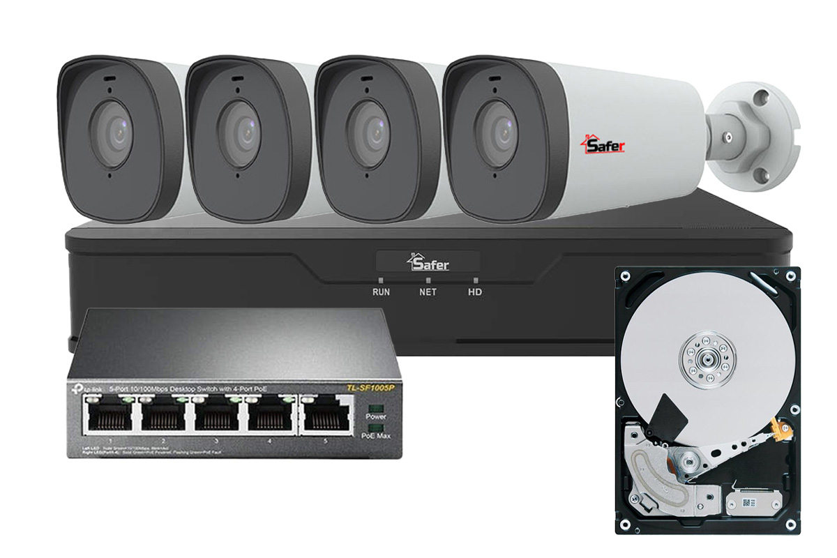 Kit de supraveghere exterior 4 camere IP, Full HD, IR 80m, PoE, NVR 4 canale, KITPOEFHDEXT