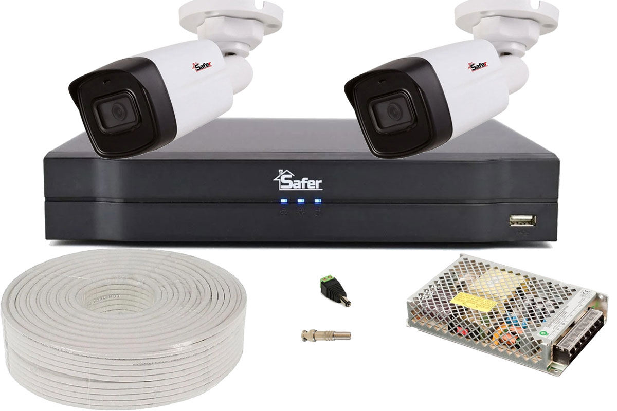 Kit de supraveghere pentru exterior, 2 camere bullet, Starlight, 5MP, DVR 4 canale, Functii AI, Accesorii incluse, Safer KITSAF2X-5MP80F36-A-ACC