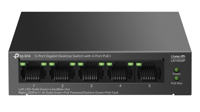 Switch cu 5 porturi, 4x PoE, Gigabit, Tp-Link LS105GP, Buget PoE 65W, pana la 250m