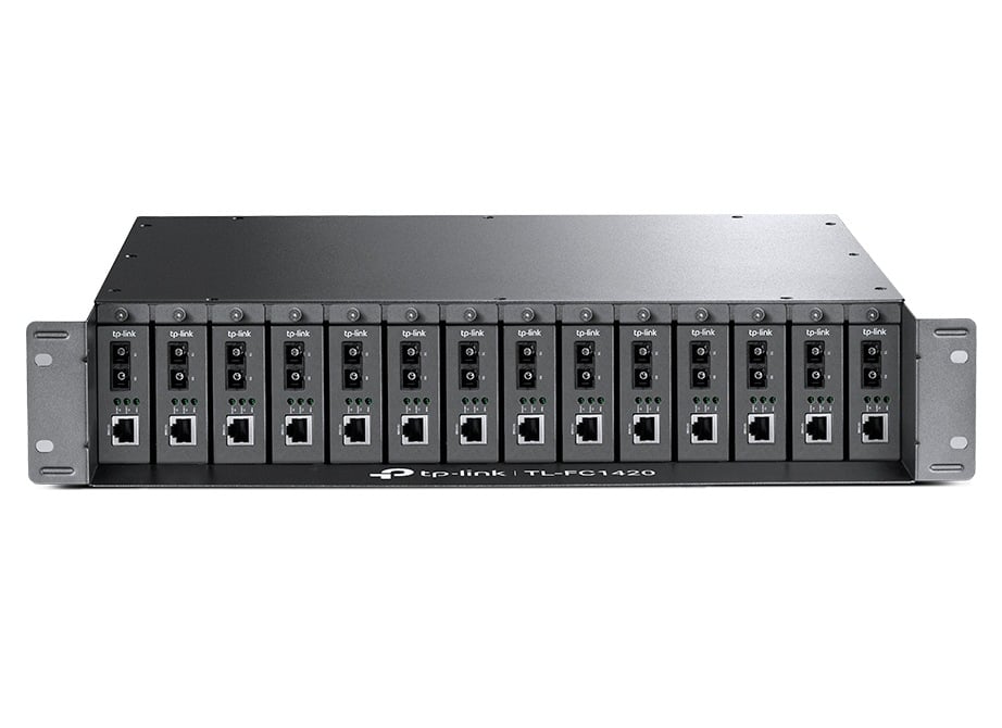 Carcasa rackabila, suporta pana la 14 media convertoare, 5VDC/0.6A, protectie la supratensiune, 2x ventilatoare de racire, TP-LINK TL-FC1420