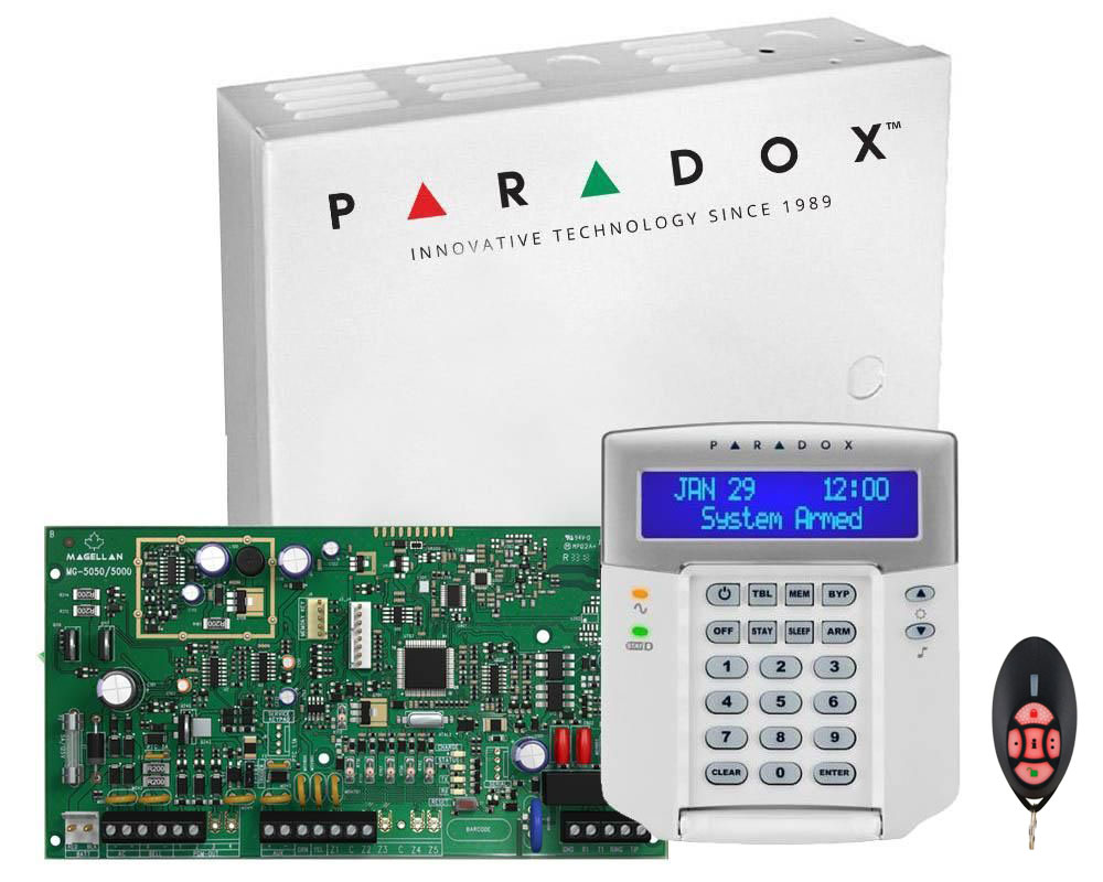 Centrala de alarma antiefractie Hibrida Paradox MG5050 cu telecomanda REM2 si tastatura K32LCD, MG5050+REM2+K32LCD