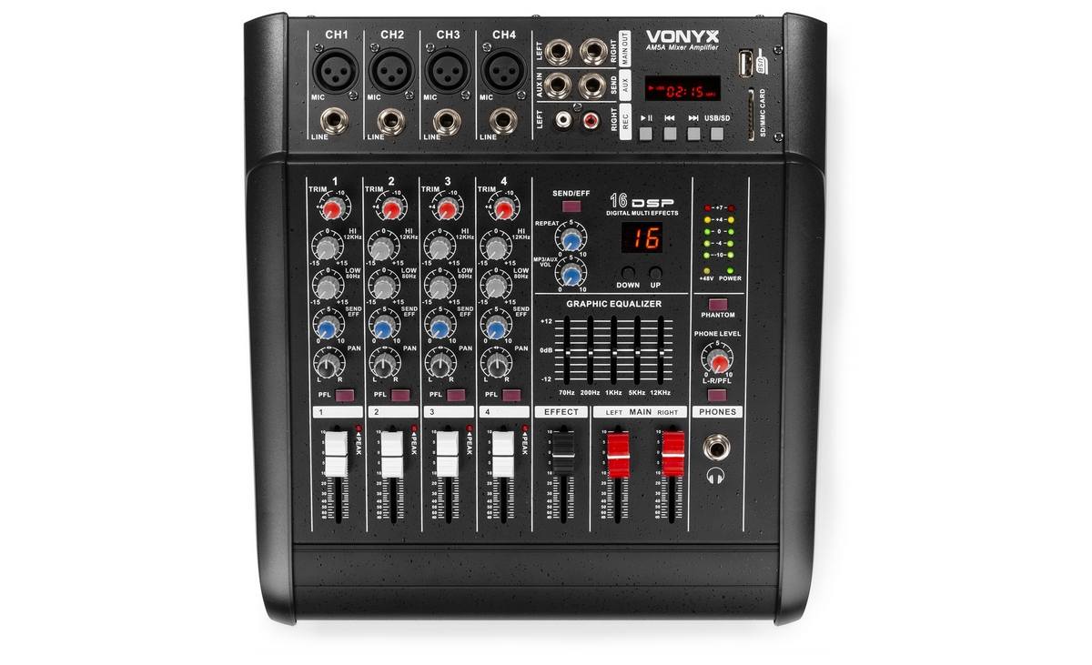 Mixer activ Vonyx AM5A, cu amplificator de 2x 500W, 5 canale, Bluetooth, port USB, MP3, slot SD