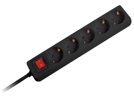 Prelungitor cu 5 prize cu impamantare, 5m, cablu 3x1.5mm, intrerupator, negru, Omega OL5G5